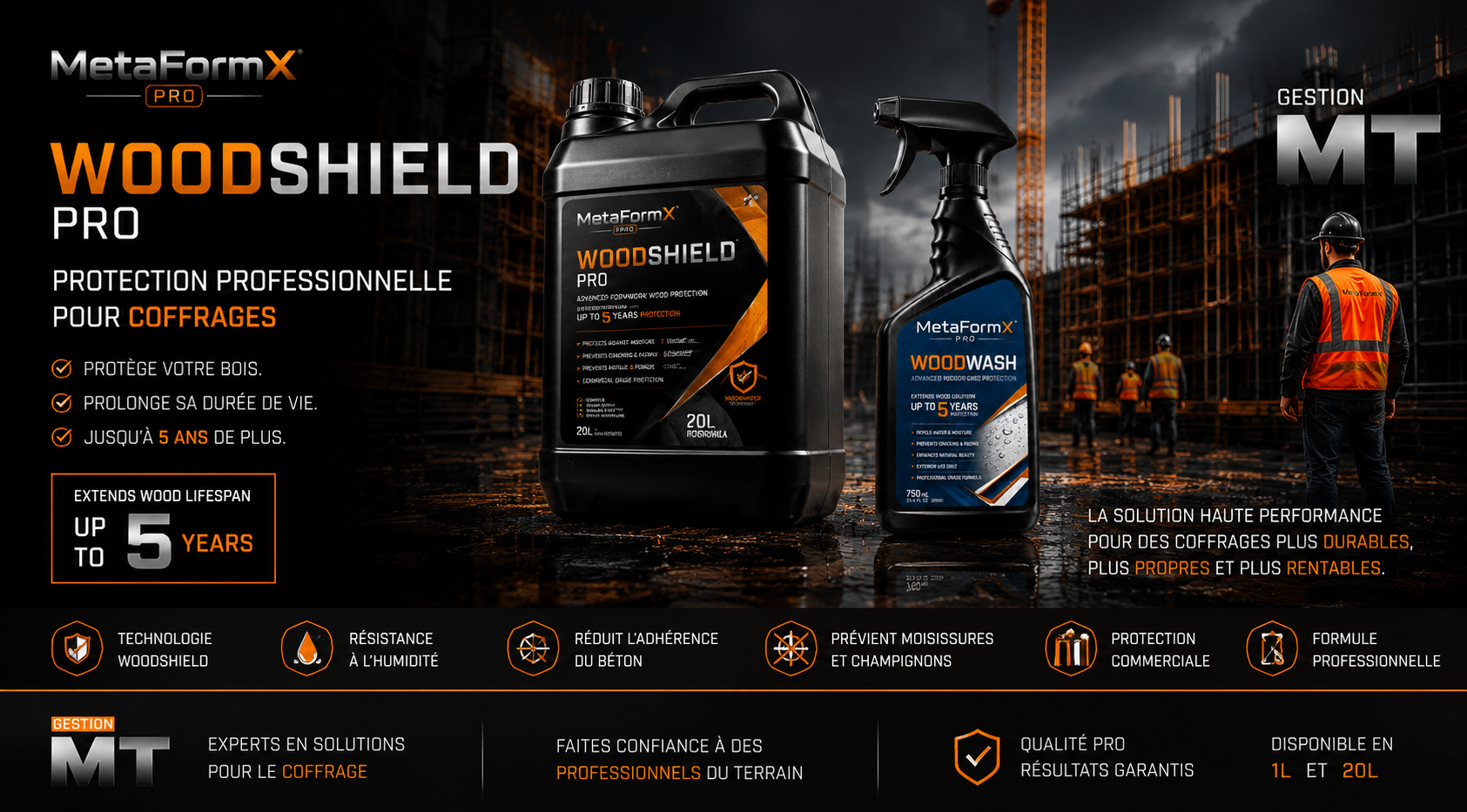 MetaFormX Pro WoodShield 20L et WoodWash 1L sur chantier